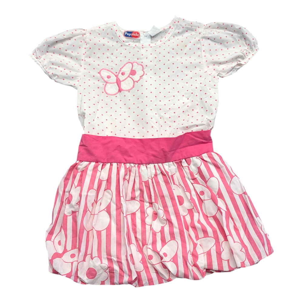 '80s Youth White and Pink Flower and Polka Dot Dress with Sash Tie Belt